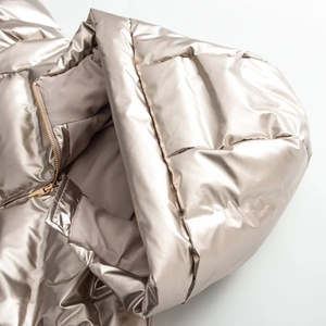 Slim-fit champagne metallic hooded puffer jacket with waterproof shiny fabric finish