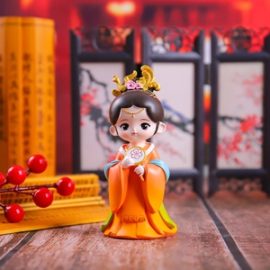 Detailed view of a cute resin ancient Chinese lady figurine holding a round floral fan