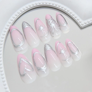 3D starburst press on nails with pink white gradient and silver metallic abstract patterns
