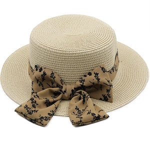 Women Straw Boater Hat Flat Top Sun Protection Beach Vacation Summer Elegant Ribbon Bow Floral Print Breathable