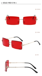 Three-angle view of rimless rectangular sunglasses with gold temples and red lenses