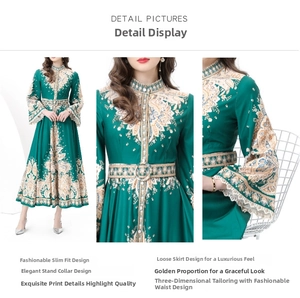 Detail view of Victorian style floral dress featuring lace flared sleeves and stand collar