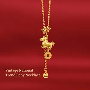 Horse Pendant Necklace Gold Plated Copper Vintage New Chinese Style Jewelry With Ancient Coin And Beads For Women