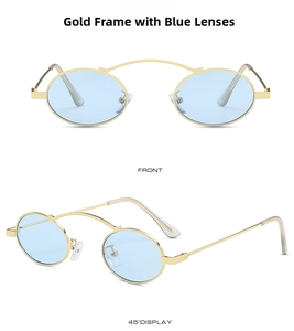 Macro detail of oval gold metal frames with light blue lenses and high arched bridge