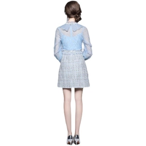 Light blue long sleeve tweed dress with lace patchwork and ruffled collar back view