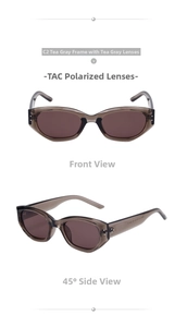 Detail of retro tea-grey cat-eye polarized sunglasses with TAC lenses and resin frames