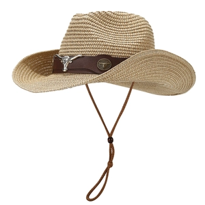 Western straw cowboy hat with leather band, bull head ornament and adjustable chin cord