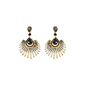 Vintage gold teardrop tassel earrings with black rhinestones for women on white background