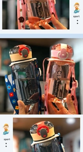 Detail of portable plastic sport bottles with cartoon lanyards and classical lettering