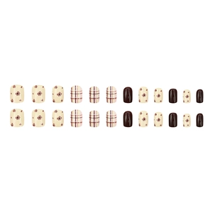 Short square fake nails with autumn brown flower and plaid patterns 24pcs set