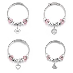 Stainless Steel Beaded Bracelet Adjustable Pink Crystal Charm Crown Butterfly Heart Elephant For Women Fashion Jewelry