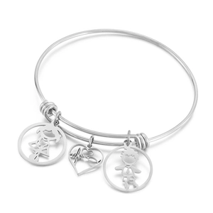 Adjustable silver steel bangle featuring hollow girl, boy and heartbeat heart charms