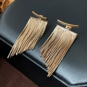 French Style Long Tassel Drop Earrings For Women Copper Metal With Silver Earring Post Elegant Minimalist Fashion
