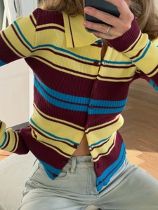 Slim fit retro ribbed knit cardigan with colorful stripes and polo collar in mirror selfie