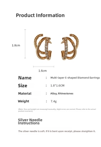 Detailed view of layered C-shaped gold-plated stud earrings with size and weight specs