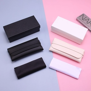 Leather texture glasses case set with folding pouch and cloth in black and white