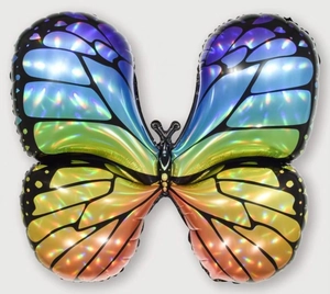 Detail of laser foil butterfly balloon with rainbow gradient finish for party decor