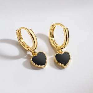 Elegant gold-plated heart drop earrings with black enamel finish for women