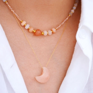 Double-layered 14K gold plated necklace with pink sunstone beads and moon pendant