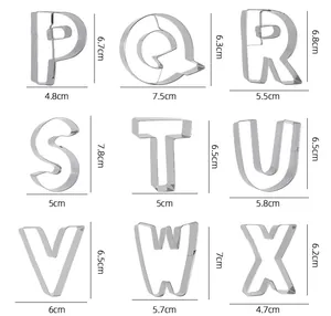 Detailed size chart for stainless steel alphabet cookie cutters P through X in centimeters