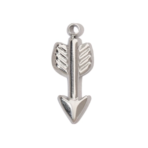 Macro shot of silver arrow-shaped stainless steel pendant showing feather texture detail