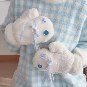 White plush mittens with blue ribbon bow and lace trim for women winter warm accessory