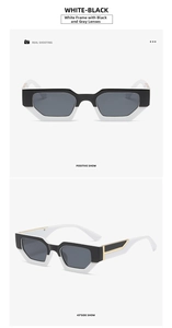 Front and side view of retro white square sunglasses with gold metal temple accents