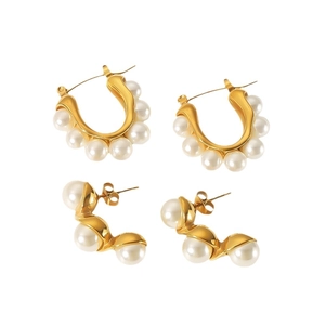 French vintage style 18K gold stainless steel U-shape pearl earrings for women