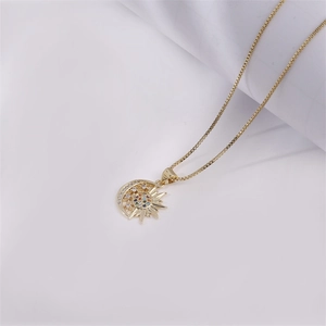 Celestial sun and moon pendant necklace with micro-paved colorful zircon stones in gold