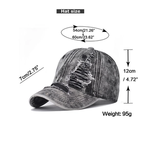 Detailed measurement guide for washed distressed baseball cap showing size and dimensions