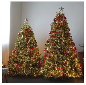 Detailed view of two decorated Christmas trees with silver star toppers and LED lights
