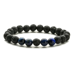 Energy bracelet made of 8mm black lava stone and deep blue tiger eye natural beads
