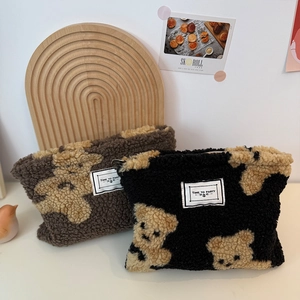 Plush Makeup Bag Lamb Wool Teddy Bear Pattern Large Capacity Travel Cosmetic Storage Pouch For Women Soft Zipper Clutch