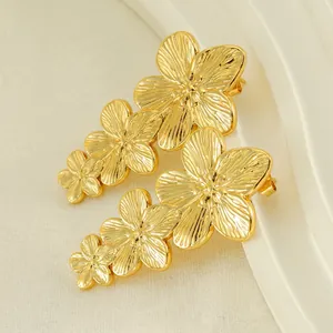 Vintage Flower Drop Earrings For Women 18K Gold Plated Stainless Steel Layered Petal Floral Textured Jewelry