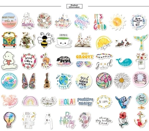 Macro view of colorful VSCO stickers for luggage and laptops with waterproof PVC finish