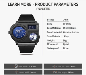 Detailed size chart of the Oulm large dial sports watch showing case and strap dimensions