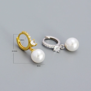 Exquisite pearl drop earrings with zircon insets, showing 8mm and 22.5mm dimensions