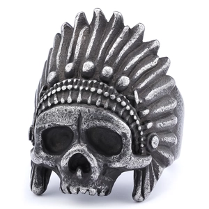 Vintage stainless steel skull ring with Indian chief headdress in antique silver finish