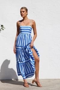 Detail of blue and white striped maxi dress with thin straps and layered tiered hemline