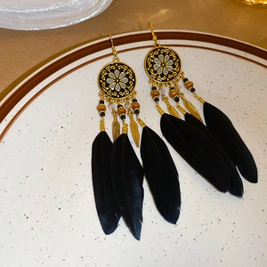 Detail view of Bohemian long feather drop earrings with golden metal disc and beads