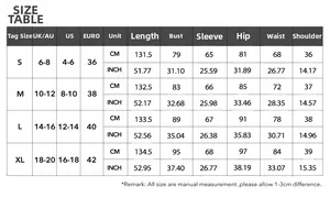 Detailed size guide table for elegant evening long dress with UK US and EU measurements