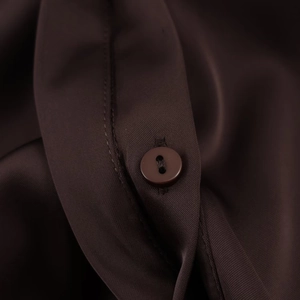 Detail of dark brown silk texture fabric and color-matched resin button on a shirt