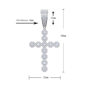 Detailed dimensions of silver cross pendant with thickness 6mm and height 68mm