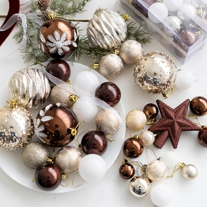 Champagne and brown Christmas ball ornaments and star topper for holiday tree decoration