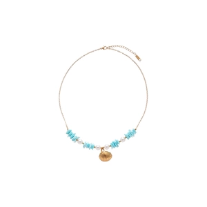 Golden starfish and shell necklace with blue gemstones and white pearls for women