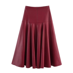 Elegante wijnrode faux lederen midi A-lijn rok met hoge taille en rits aan de achterkant