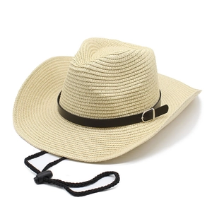 Beige woven straw western cowboy hat with black leather band and adjustable chin strap
