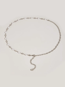 Silver thin chain waist belt with white heart faux pearls and sparkling rhinestones