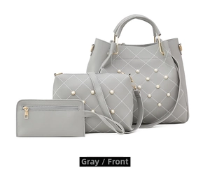 Vue de face de l'ensemble sac seau gris matelassé avec perles en similicuir PU