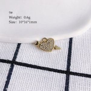 Cupid arrow heart pendant with rhinestones, 10x16x1mm size and 0.6g weight details